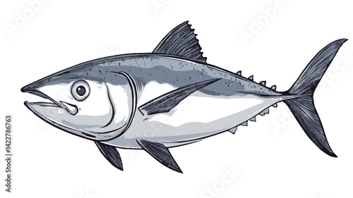Detailed illustration of a bluefin tuna, drawn in a realistic style. The illustration shows the fish's streamlined body, prominent dorsal fin, and characteristic dark blue-grey color.