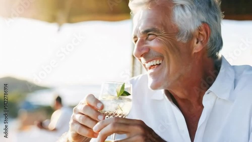A joyful older man in a white shirt enjoys a drink at a sunny beachside, captured in a close-up angle, perfect for a lifestyle video theme.