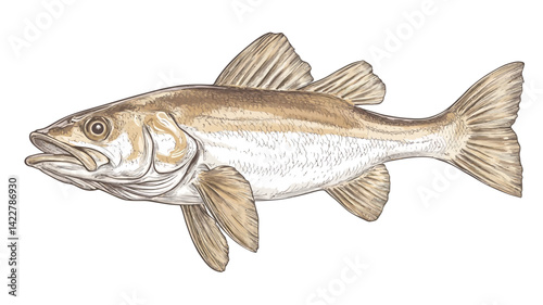 Detail of a pale gold and off-white mullet, shown from the side, showing its elongated body and prominent dorsal and anal fins.
