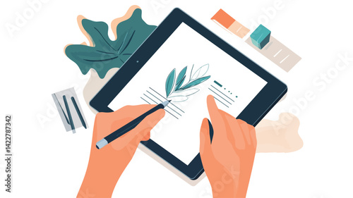 Close-up high angle view of a pair of hands drawing on a tablet with a stylus. A simple botanical illustration is displayed on the tablet.