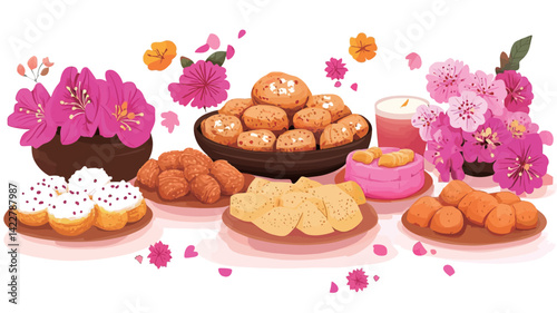 A vibrant high-angle close-up flat lay photograph captures the meticulously arranged assortment of pastries.