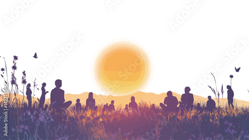 This work depicts a group of people in a stylized manner, with the rising sun behind them. The color scheme of the work is mainly warm.