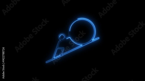 Neon atlas with a boulder pushing uphill glowing on black background abstract concept representing perseverance struggle and success