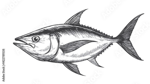 A monochrome painting of a tuna, rendered in a realistic style. The painting shows the tuna's streamlined body and richly textured scales.