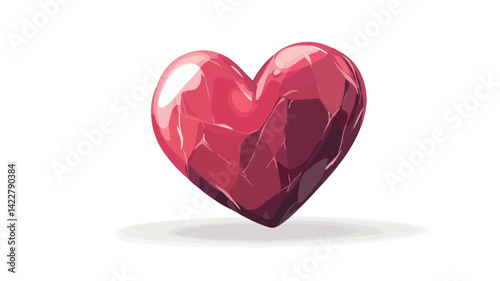 Digital illustration of a heart shaped gemstone rendered in a style that mimics the look of a faceted ruby or garnet. The heart shaped gemstone displays a lustrous, nearly molten texture with subtle