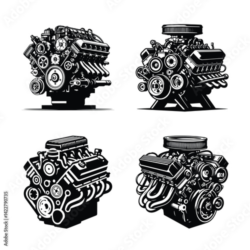 Set of car engine vector silhouette illustration isolated on a white background