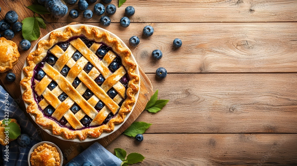 Mouthwatering homemade blueberry pie with a golden latticed crust and a filling of plump juicy blueberries set against a backdrop of natural wooden textures Mouthwatering homemade blueberry pie with a golden latticed crust and a filling of plump juicy blueberries set against a backdrop of natural wooden textures