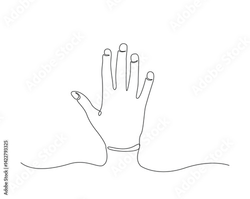 Hand showing five fingers outline drawing illustration. one continuous line drawing of human hand goodwill gesture.