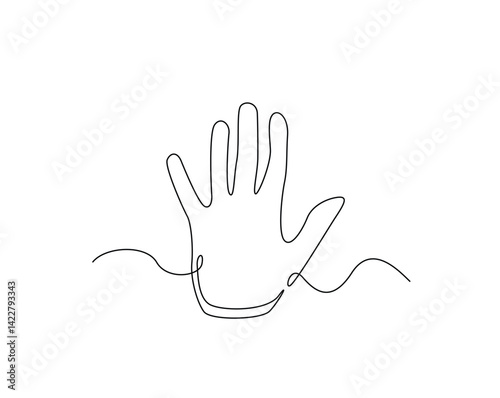 Hand showing five fingers outline drawing illustration. one continuous line drawing of human hand goodwill gesture.