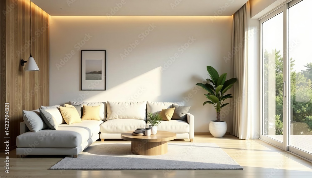 Fototapeta premium Minimalist living space with neutral tones and natural lighting, decoration, lifestyle, decor