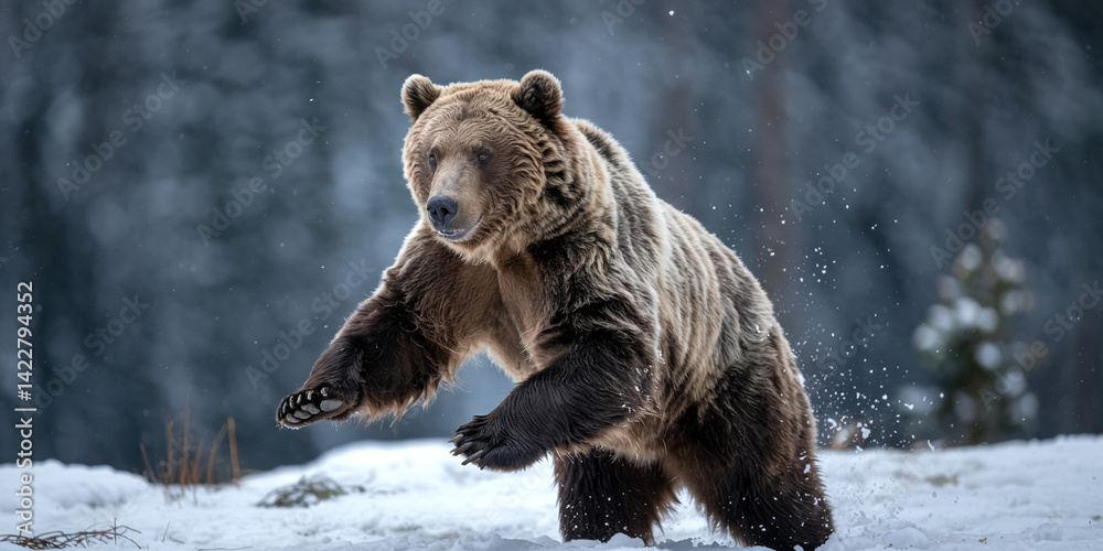 Fototapeta premium Brown bear in winter snow forest wildlife animal nature photography stock image wild bear animal photo