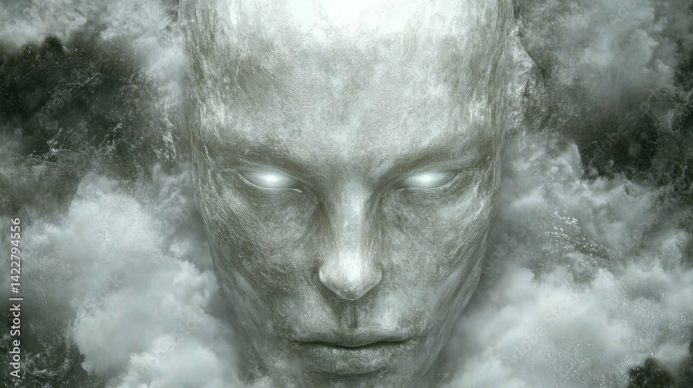 Gray Stone Face Emerging from Clouds Abstract Surreal Digital Art Gray Stone Face Emerging from Clouds Abstract Surreal Digital Art