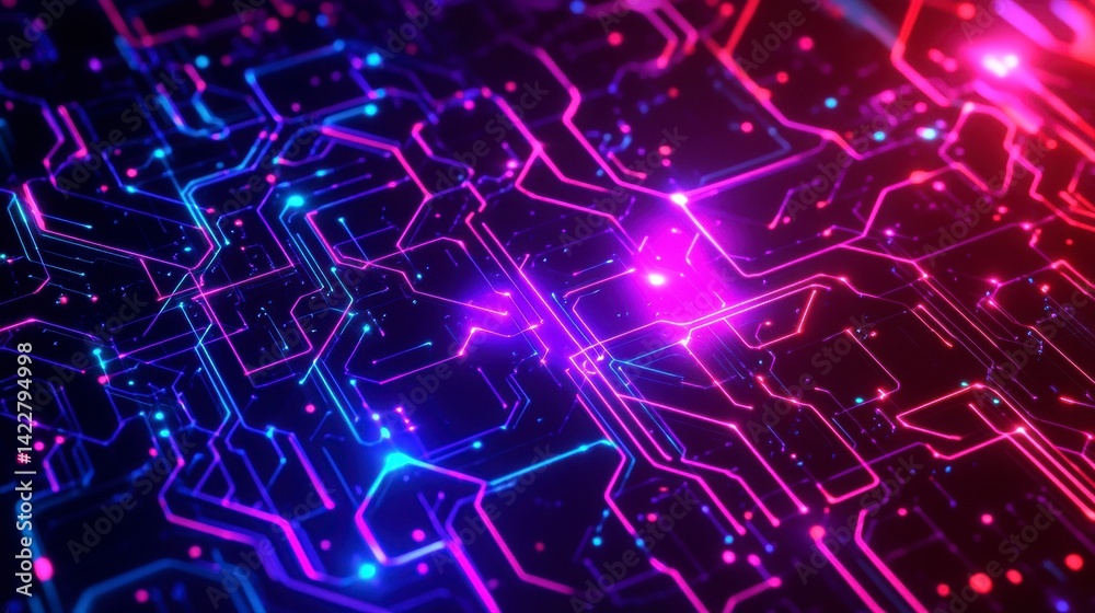 Fototapeta premium Abstract Circuit Board with Pink and Blue Neon Lines, Dark Background