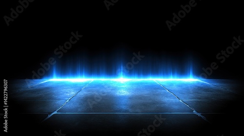 A futuristic, illuminated tiled floor glows with blue light. photo