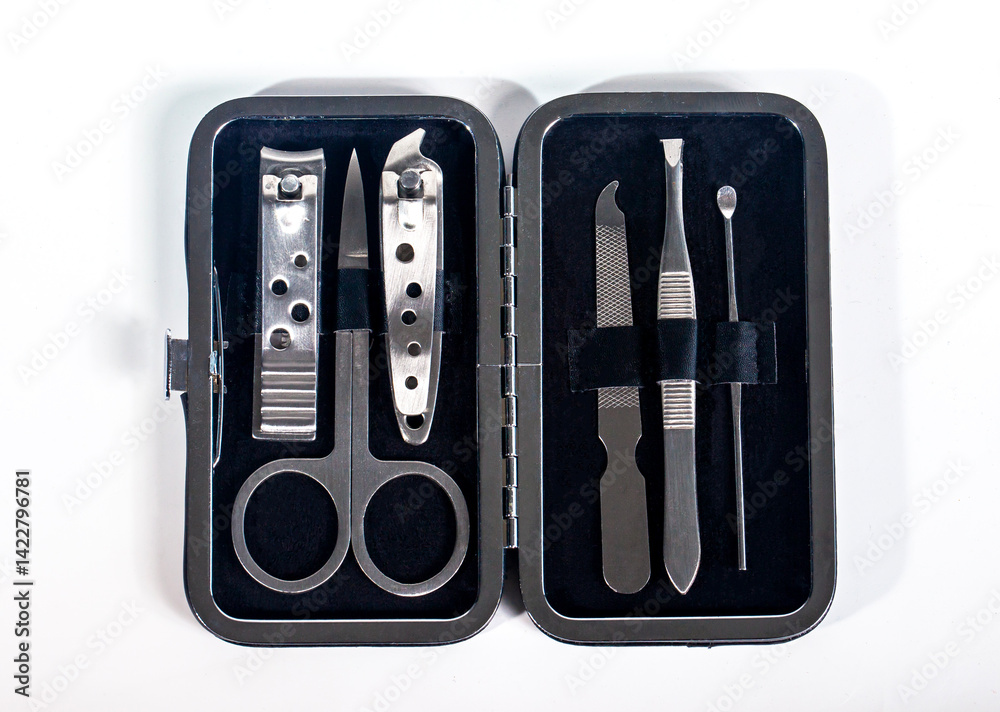 Set of nail care tools for health and beauty in the case isolated on white background. A set of tools for Manicure and pedicure care