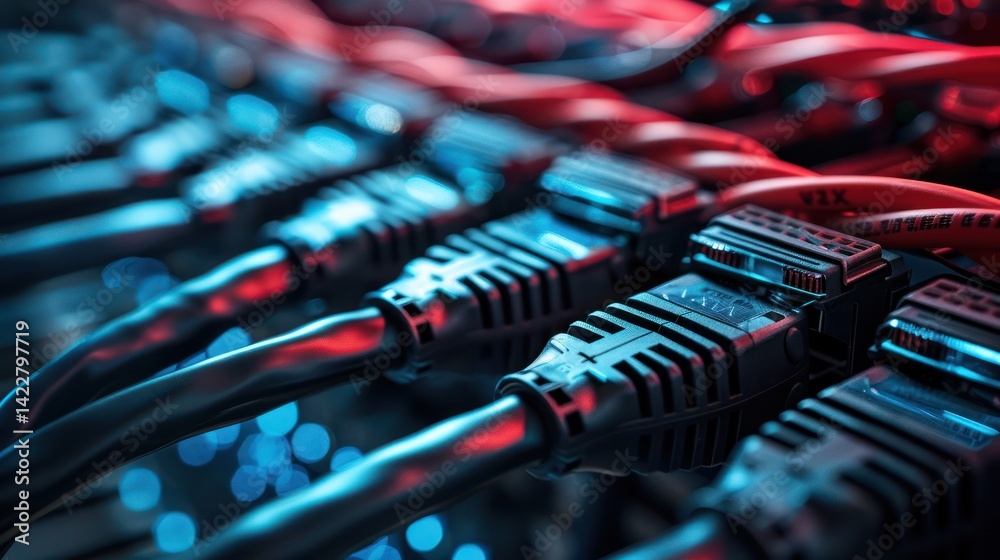 Close-up of data warehouse technology with cables and server racks. minimalist, Close-up of data warehouse technology with cables and server racks. minimalist,