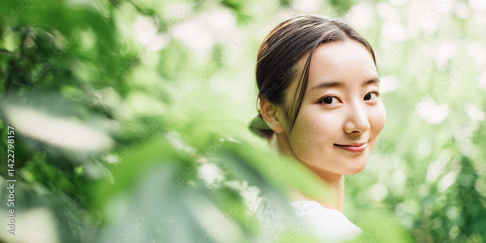 自然の中で笑顔を見せる女性のポートレート 自然の中で笑顔を見せる女性のポートレート