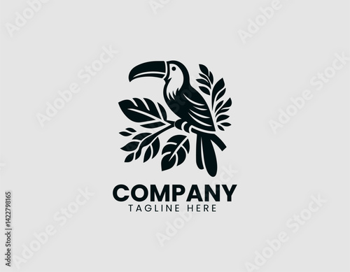 Beautiful Toucan Bird Perching Leafy Branch Vector Logo Design