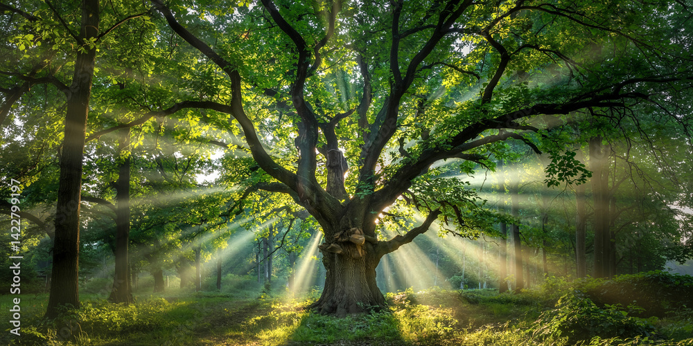 Obraz premium Sunlight through trees in forest landscape nature photography scenic view green foliage and sun rays shining