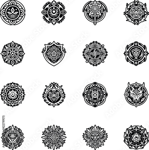 Set of Glyph Style Shaman Tattoo Art Icons 

