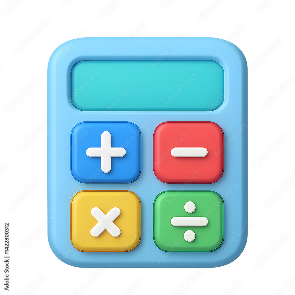 A light blue, cartoon calculator design displays basic arithmetic functions. A light blue, cartoon calculator design displays basic arithmetic functions.