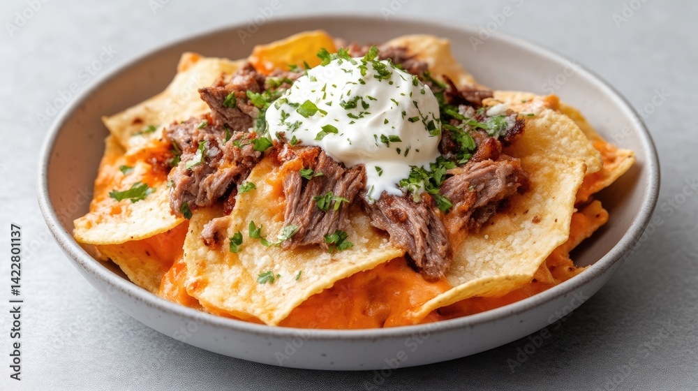 Spicy Beef Nachos with Creamy Topping. A hearty dish of crispy tortilla chips layered with melted cheese sauce, shredded beef, and a dollop of sour cream, topped with fresh herbs Spicy Beef Nachos with Creamy Topping. A hearty dish of crispy tortilla chips layered with melted cheese sauce, shredded beef, and a dollop of sour cream, topped with fresh herbs