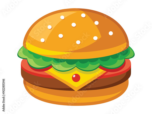Illustrate a plate with a juicy cheeseburger and crispy golden fries. The burger should have layers of cheese, lettuce, tomatoes, and pickles, with a sesame seed bun. Vector illustration