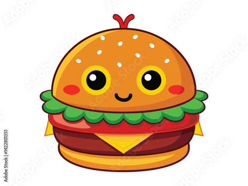 Illustrate a plate with a juicy cheeseburger and crispy golden fries. The burger should have layers of cheese, lettuce, tomatoes, and pickles, with a sesame seed bun. Vector illustration