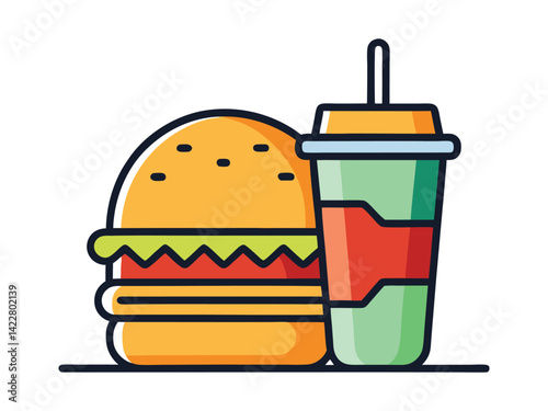 A burger with lettuce, tomato, cheese and meat, a red soda cup with a straw on a white background, fast food concept. Vector illustration
