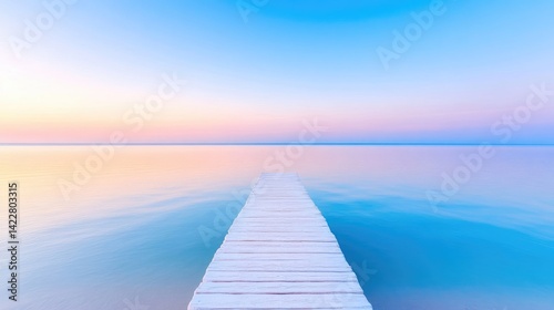 Wooden Dock Calm Waters Serene Pastel Style High-Definition Smooth Lighting Centered Long View Minimalist Design Tranquil Sunset Pastel Blue Tones Perfect for Travel Brochures