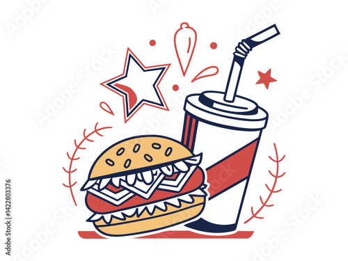 A burger with lettuce, tomato, cheese and meat, a red soda cup with a straw on a white background, fast food concept. Vector illustration
