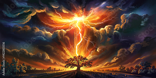 Artistic lightning storm over tree landscape painting digital art illustration wallpaper background hd image