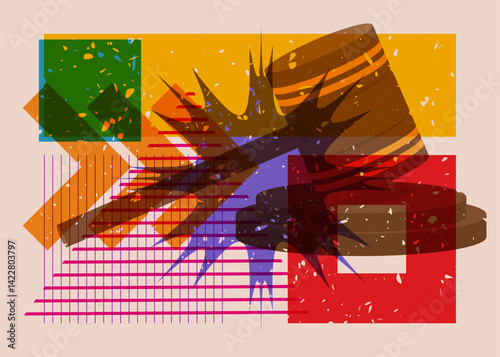 Risograph Gavel with geometric shapes. Objects in trendy riso graph print texture style design with geometry elements.
