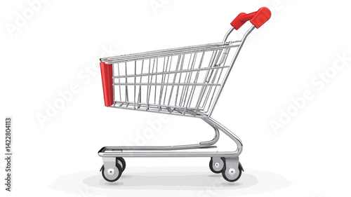 A three-quarter side view of a metal shopping cart against a plain white background. The metal frame of the cart has a slight sheen, suggesting a polished or chrome finish.