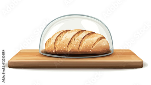 A high angle close up studio photograph shows a loaf of artisan bread showing a golden brown crust with visible scratches, placed under a clear curved glass cover
