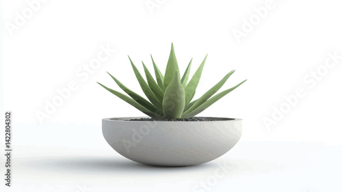 This digital rendering shows a bright green succulent plant nestled in a sleek, off-white, minimalist bowl-shaped planter. The plant's leaves appear pointed and pointed.