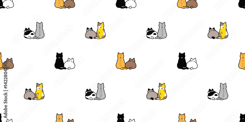 cat seamless pattern kitten calico back cartoon doodle pet sitting animal breed illustration tile background gift wrapping paper repeat wallpaper