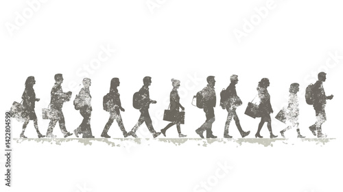 The image is a horizontal composition showing a series of grayscale silhouettes walking in a common direction. The figures are rendered in monochrome tones.