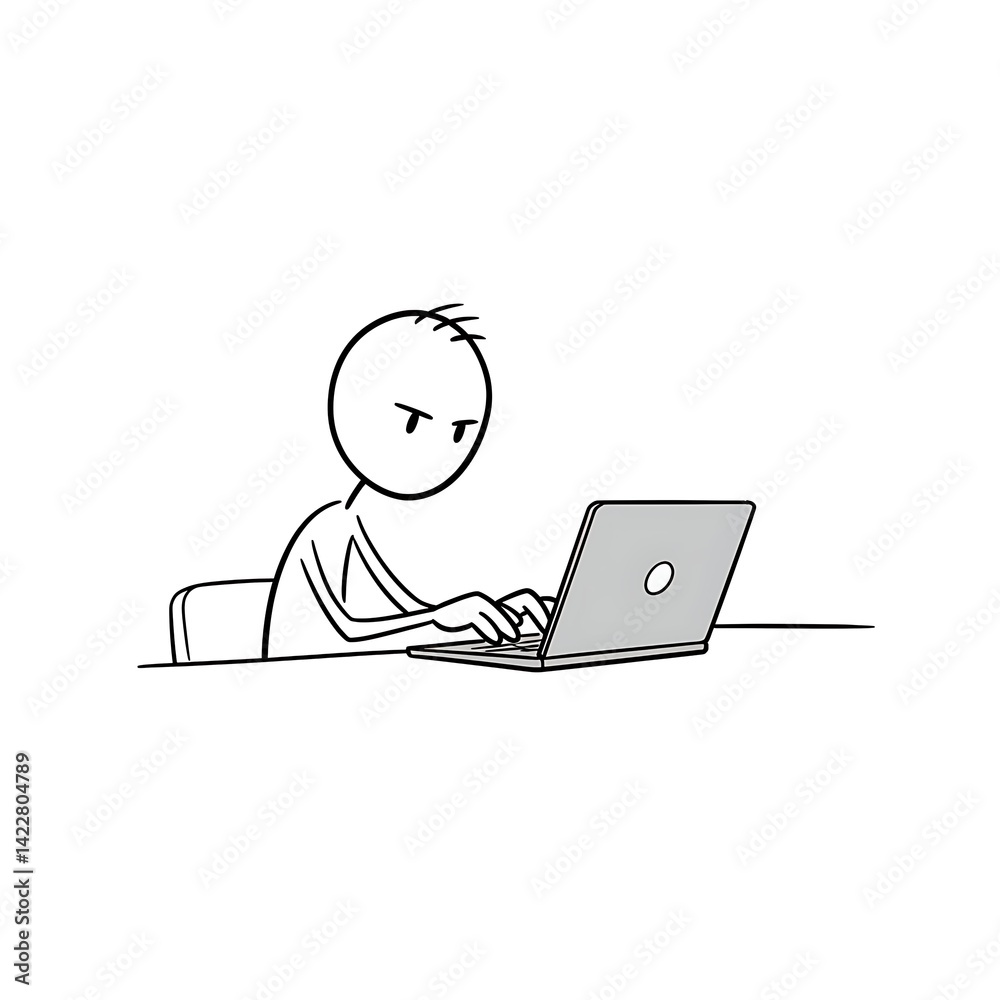 Minimalist stick figure intensely working on a laptop with furrowed brow and focused expression. Minimalist stick figure intensely working on a laptop with furrowed brow and focused expression.