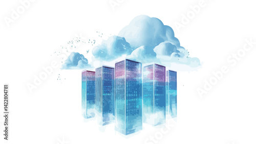 The image features a stylized digital illustration of a data center nestled among translucent, ethereal clouds.