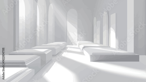 This image shows a digitally rendered minimalist interior bathed in natural light. The scene is entirely monochrome, utilizing various shades of white to create a sense of depth.