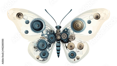 A detailed digital illustration depicts a butterfly whose wings and body are made up of delicate metal gears and cogs.