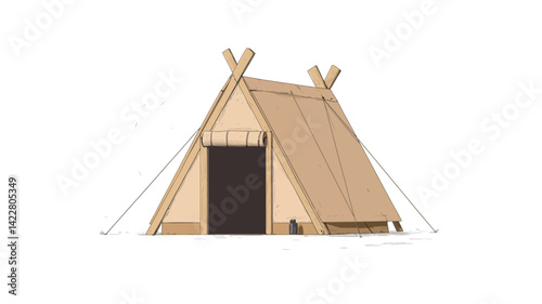 A digitally enhanced studio photo shows a small A-frame canvas tent on a pure white background. The tent is made of light beige canvas.