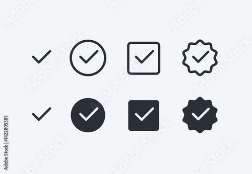 Checkmark vector icons set, check mark linear and solid icon set, approved symbol, checked checkbox mark, checkmark set, editable line. Successful illustration concept for web UI interfacem banners