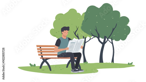 A vector illustration of a stylized man sitting on a light brown wooden park bench. He is dressed in casual clothing and concentrating on reading a folded newspaper.
