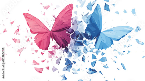 The image showcases two stylized butterflies, one predominantly pink and the other blue, rendered in a low-poly geometric style.  Both butterflies appear to be disintegrating, with shards of their