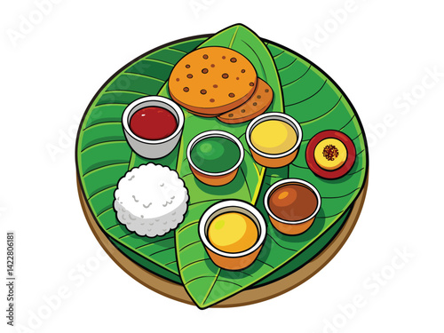 A traditional Indian thali platter. The plate should include colorful dishes like rice, curry, naan bread, and a side of raita. The foods should be neatly arranged on the plate