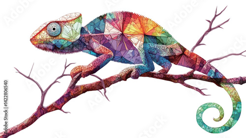 This digital illustration depicts a chameleon perched on a branch. The chameleon's body is rendered in a brightly colored, geometric style, made up of a series of interconnected polygons.
