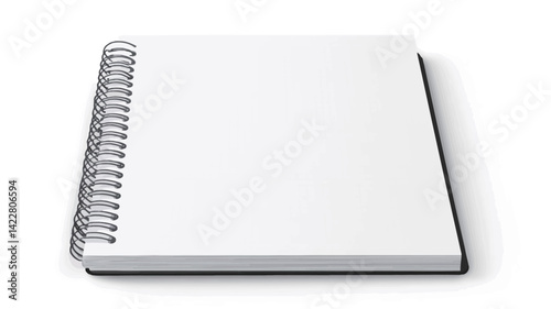 A high angle closeup studio photograph of a blank white spiral bound notebook on a pure white background. The notebook is tilted slightly to reveal the spiral binding along the edge of the notebook.