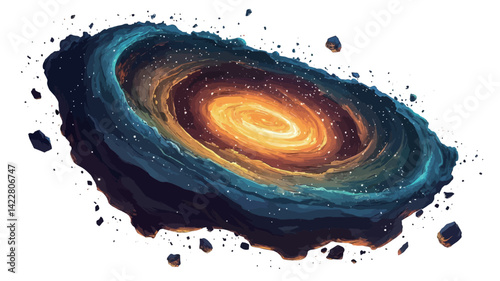 digitally rendered image depicting a stylized nebula or galaxy. The composition shows a vibrant swirl of primarily turquoise, blue, and orange-yellow hues.